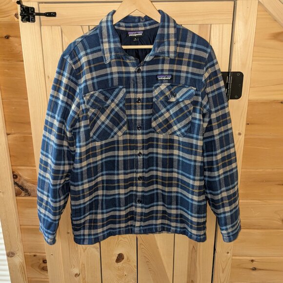 Patagonia Fjord Insulated Flannel Jacket Plaid Mens Med Lined Button Blue Yellow - Picture 1 of 9